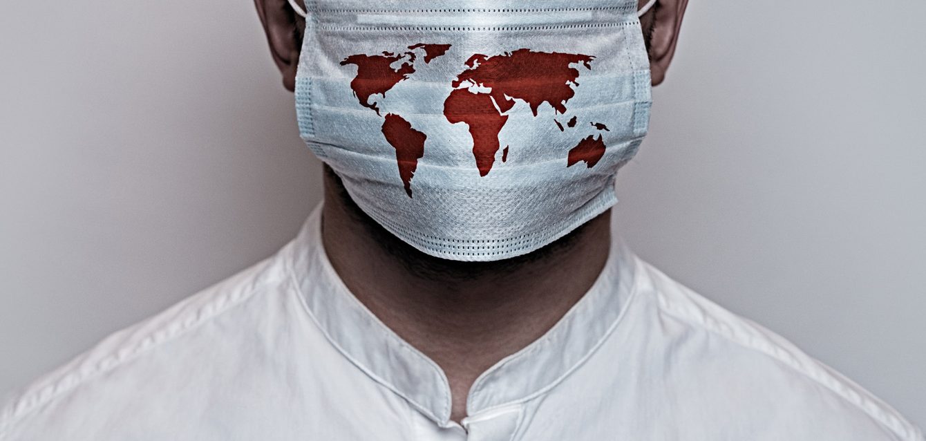 Corona virus pandemic. Concept of Corona virus quarantine, Covid-19. The male face is covered with a medical mask