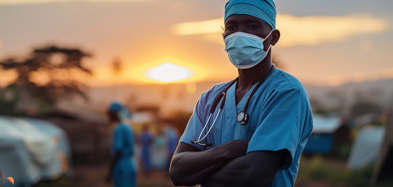 Doctors with Stethoscopes and Medical Masks in Outdoor Setting at Sunset.