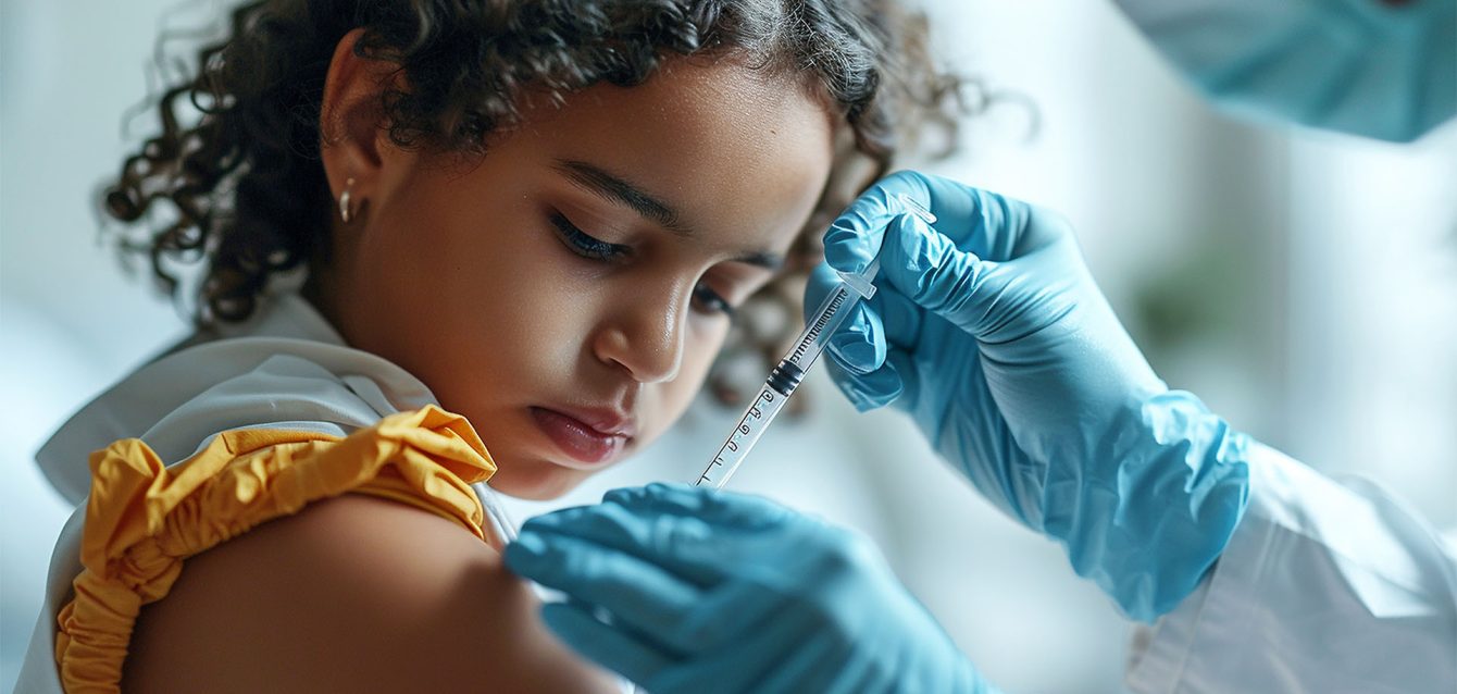 African American girl gets vaccination. Children Vaccination. Preteen Black Girl Getting Vaccinated For Covid-19 or other diseases Prevention Sitting In Clinic. Medical Worker Wearing Face Mask Injecting Kid Patient. Antiviral Immunization.