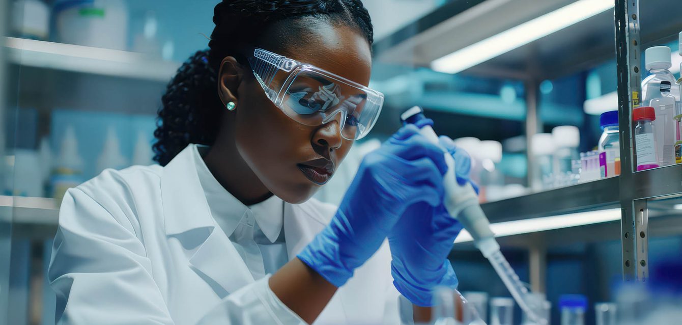 Analyzing pharmaceutical lab with a candid black specialist