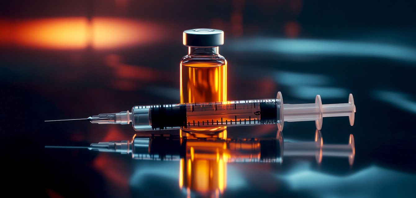 A medical syringe and a vial filled with amber liquid sit on a reflective surface. The colorful background adds a modern touch, perfect for health and science themes. AI