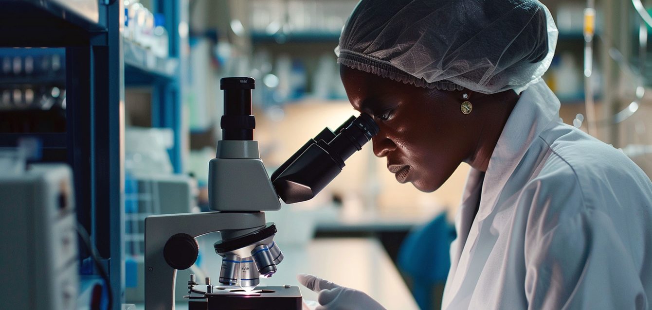 A laboratory worker working with a microscope