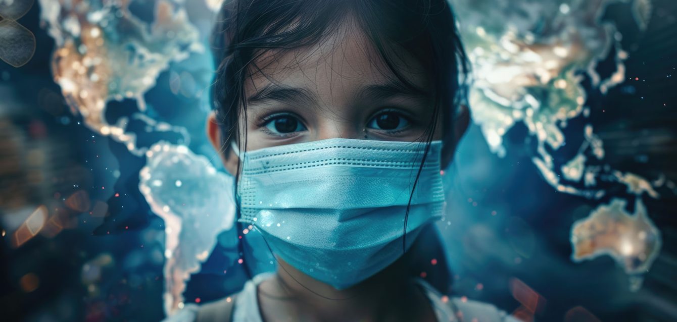 A young girl wearing a protective face mask stands confidently in front of a colorful world map, symbolizing her care for global well-being and resilience